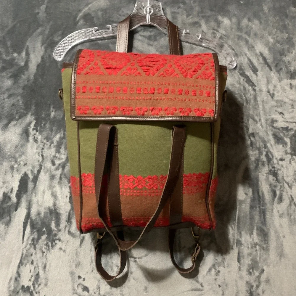 Backpack Womens Tribal Woven Fabric Leather Green Red Boho Embroidered